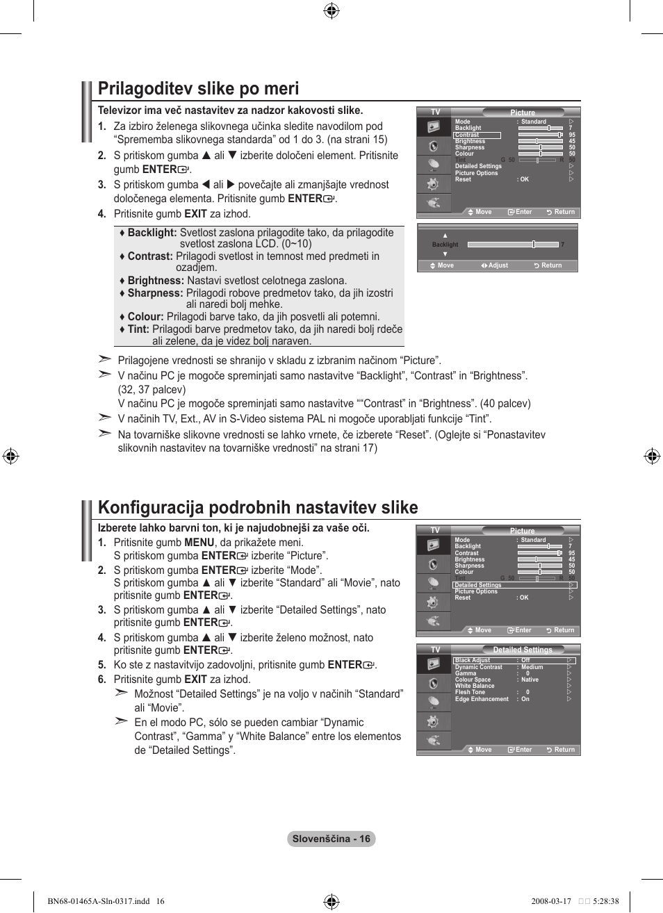 Prilagoditev slike po meri, Konfiguracija podrobnih nastavitev slike | Samsung LE32A431T2 User Manual | Page 482 / 509