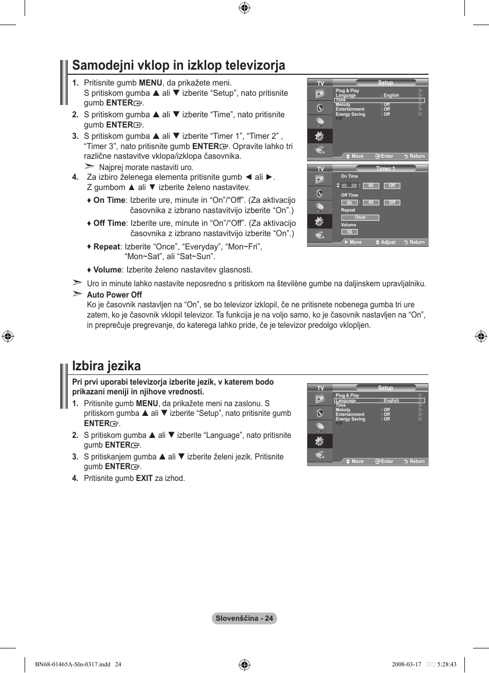 Samodejni vklop in izklop televizorja, Izbira jezika | Samsung LE32A431T2 User Manual | Page 490 / 509