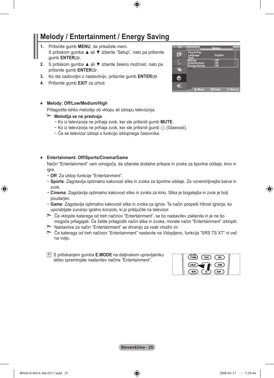 Melody / entertainment / energy saving | Samsung LE32A431T2 User Manual | Page 491 / 509