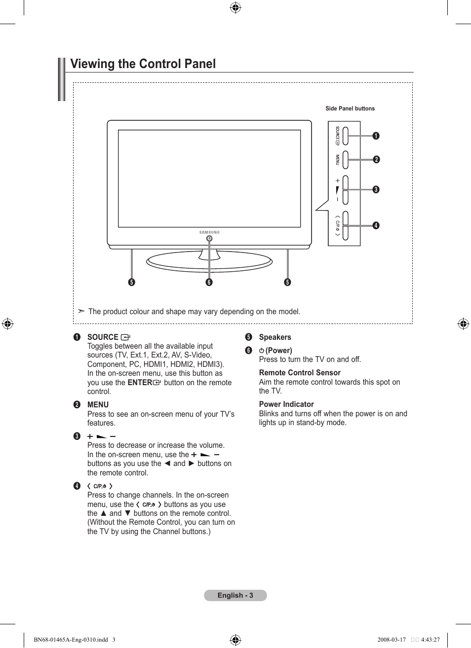 Viewing the control panel | Samsung LE32A431T2 User Manual | Page 5 / 509