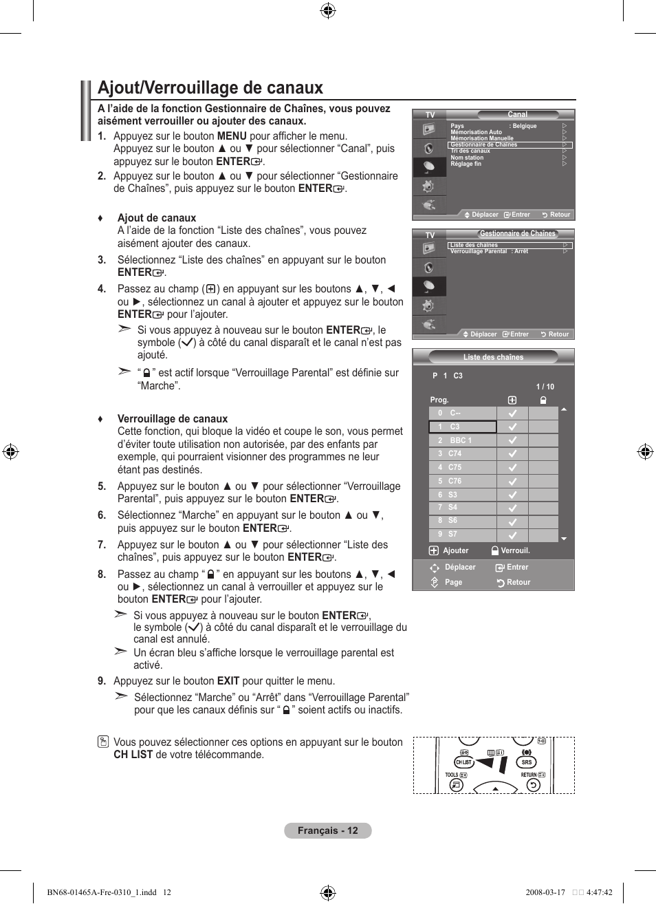 Ajout/verrouillage de canaux | Samsung LE32A431T2 User Manual | Page 56 / 509