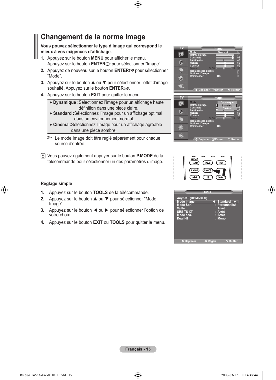 Changement de la norme image | Samsung LE32A431T2 User Manual | Page 59 / 509