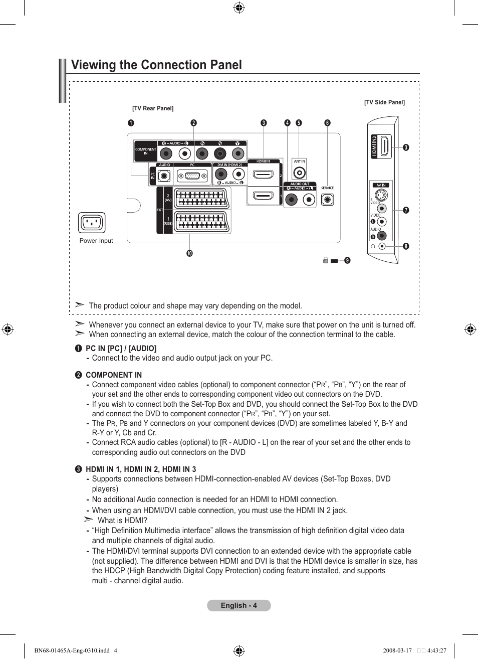 Viewing the connection panel | Samsung LE32A431T2 User Manual | Page 6 / 509