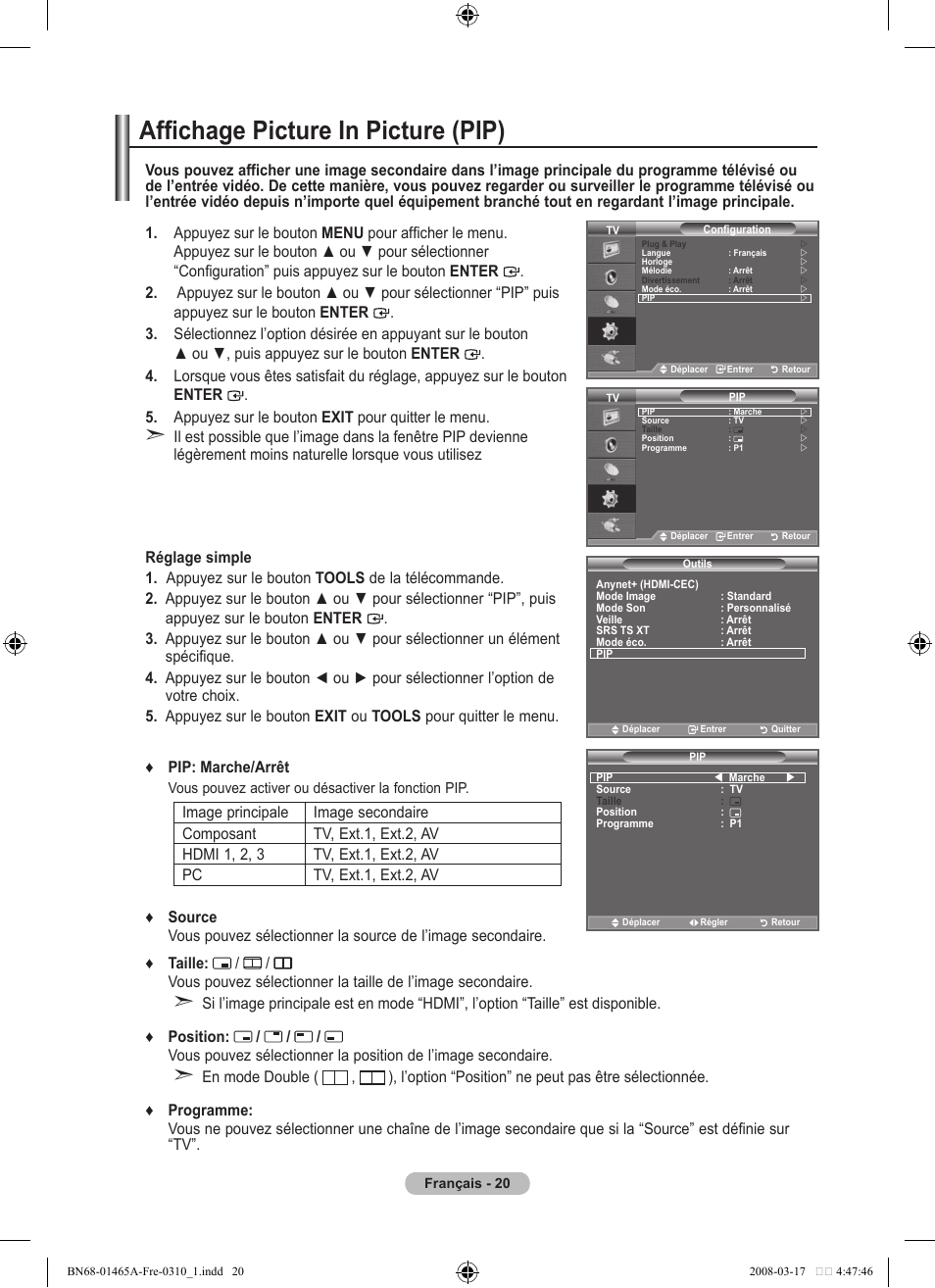 Affichage picture in picture (pip) | Samsung LE32A431T2 User Manual | Page 64 / 509