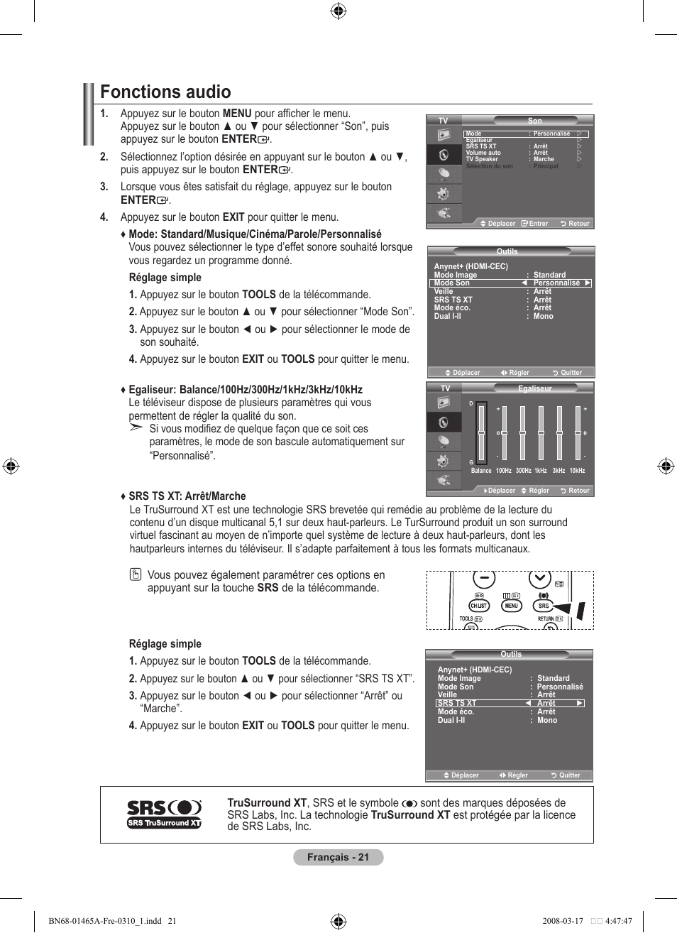 Fonctions audio | Samsung LE32A431T2 User Manual | Page 65 / 509