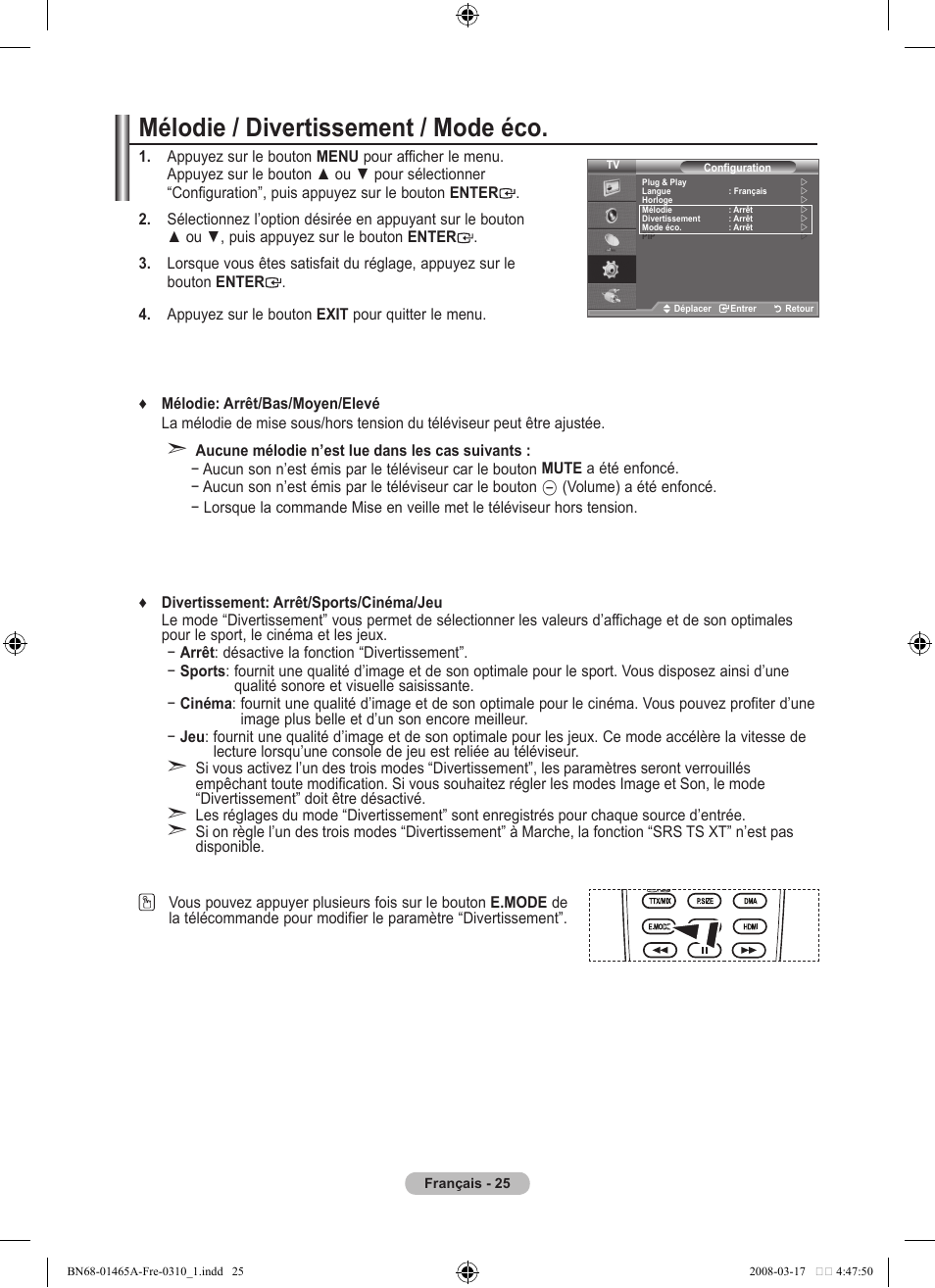 Mélodie / divertissement / mode éco | Samsung LE32A431T2 User Manual | Page 69 / 509