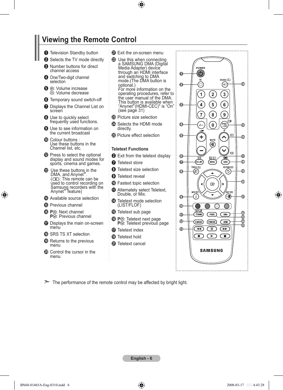 Viewing the remote control | Samsung LE32A431T2 User Manual | Page 8 / 509
