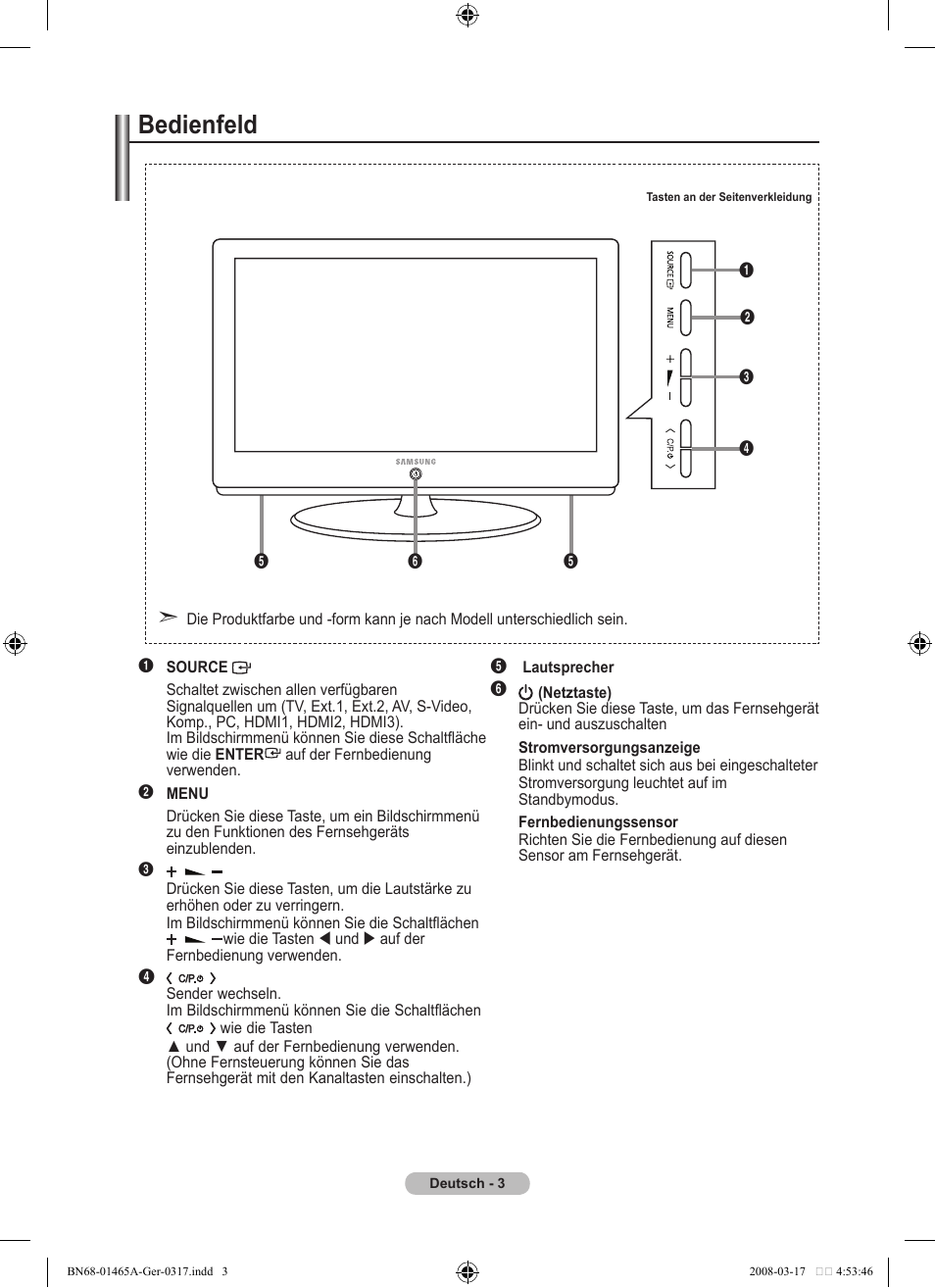 Bedienfeld | Samsung LE32A431T2 User Manual | Page 89 / 509
