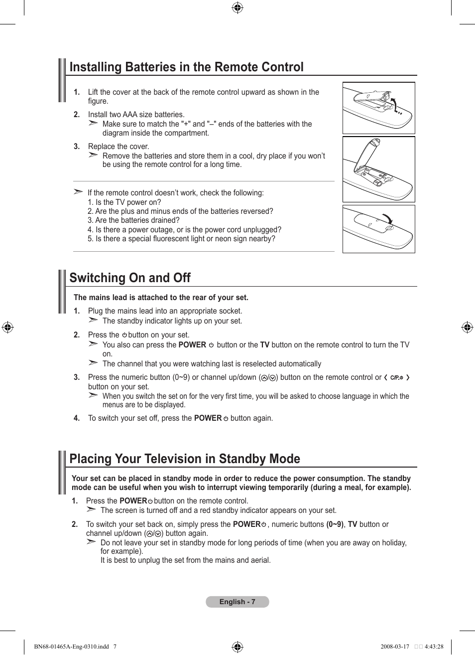Installing batteries in the remote control, Switching on and off, Placing your television in standby mode | Samsung LE32A431T2 User Manual | Page 9 / 509