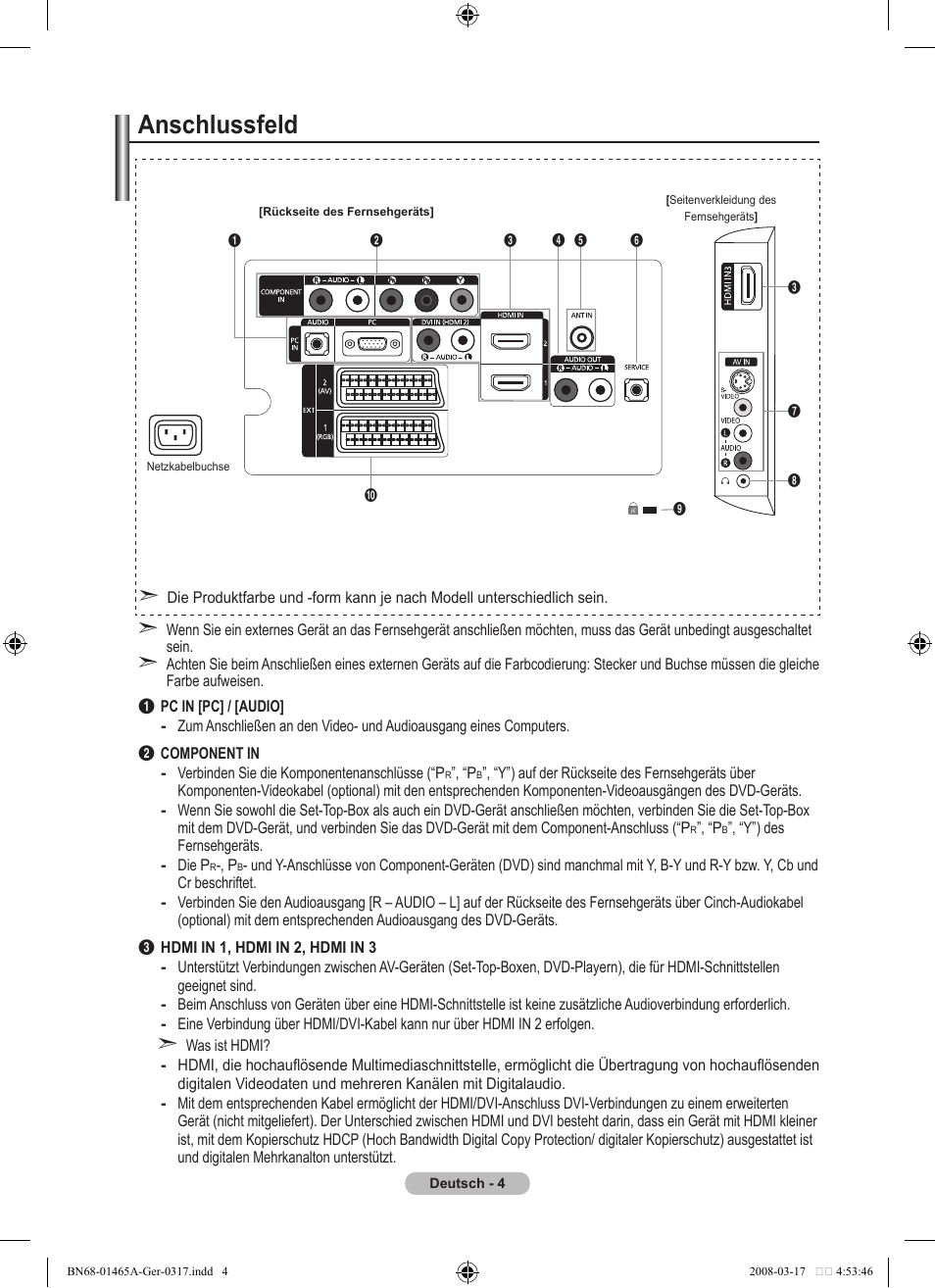 Anschlussfeld | Samsung LE32A431T2 User Manual | Page 90 / 509