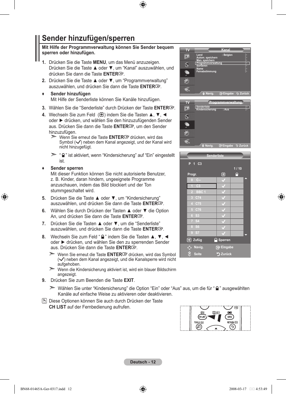 Sender hinzufügen/sperren | Samsung LE32A431T2 User Manual | Page 98 / 509