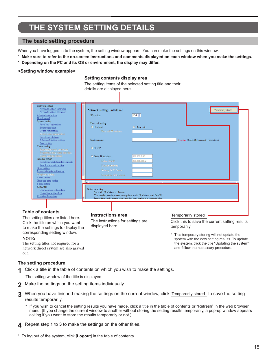 The system setting details | Aiphone FK1629 B 0811YZ User Manual | Page 15 / 31