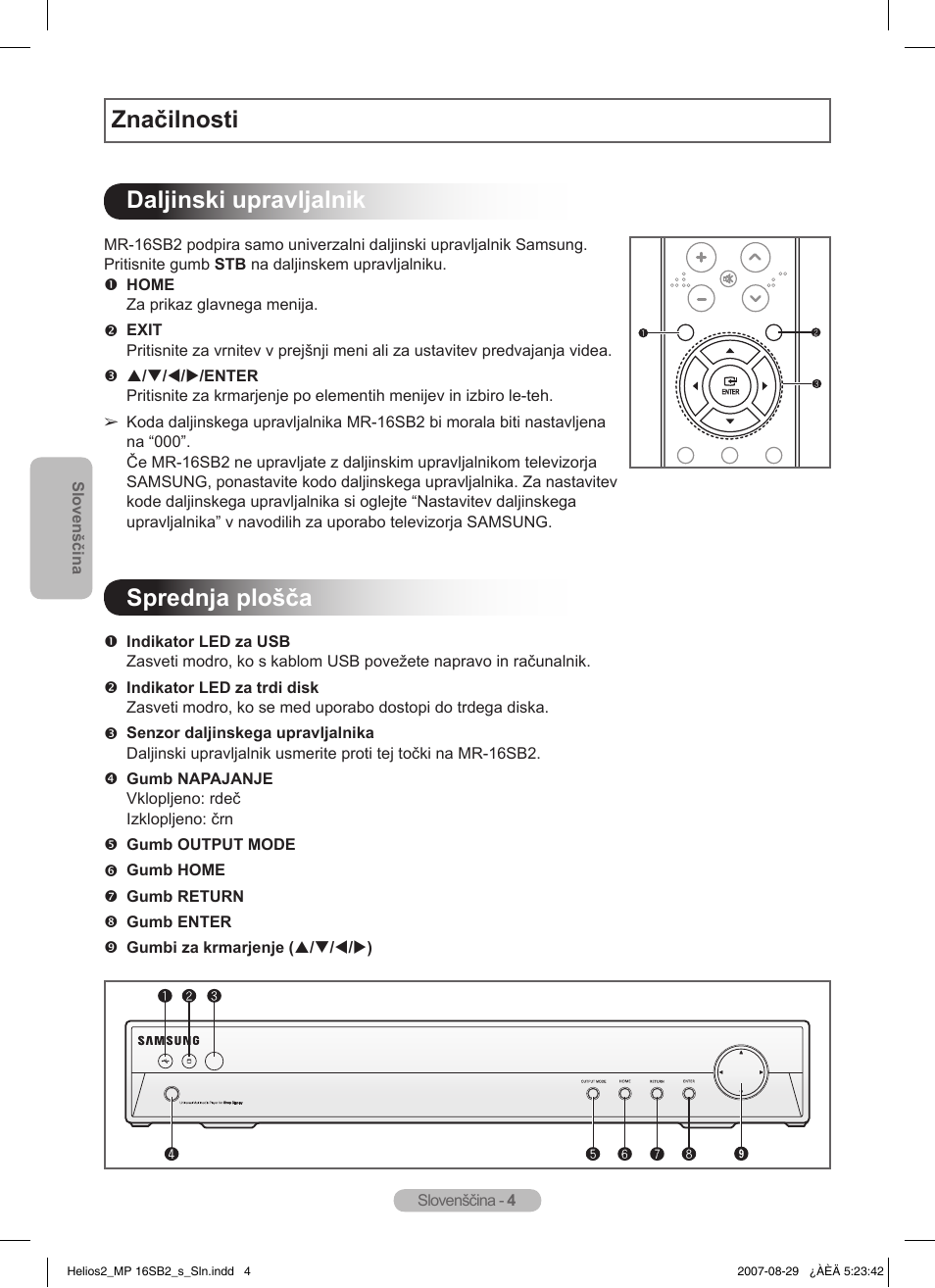 Značilnosti daljinski upravljalnik, Sprednja plošča | Samsung MR-16SB2 User Manual | Page 100 / 151