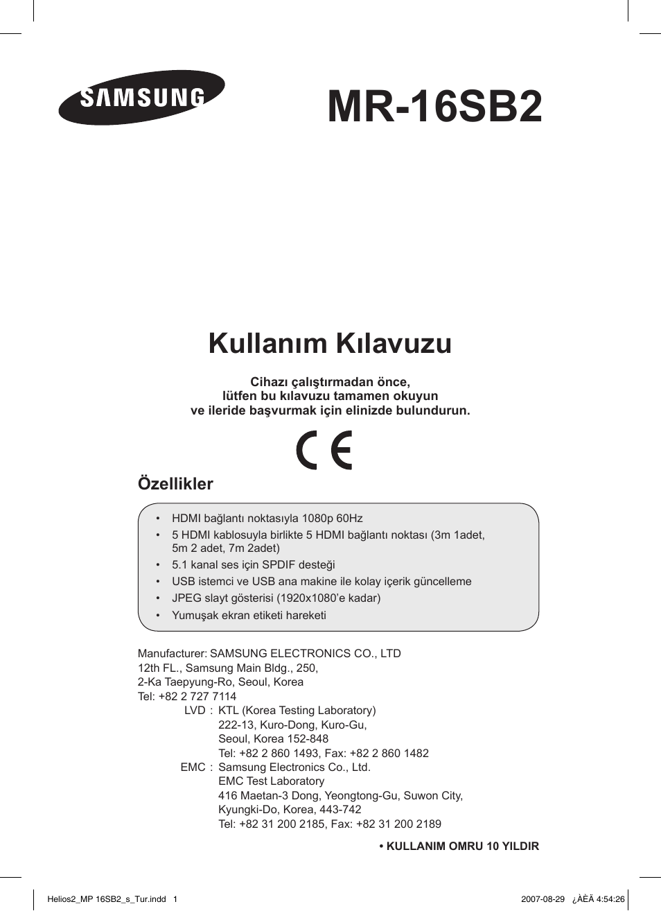 Mr-16sb2, Kullanım kılavuzu, Özellikler | Samsung MR-16SB2 User Manual | Page 103 / 151