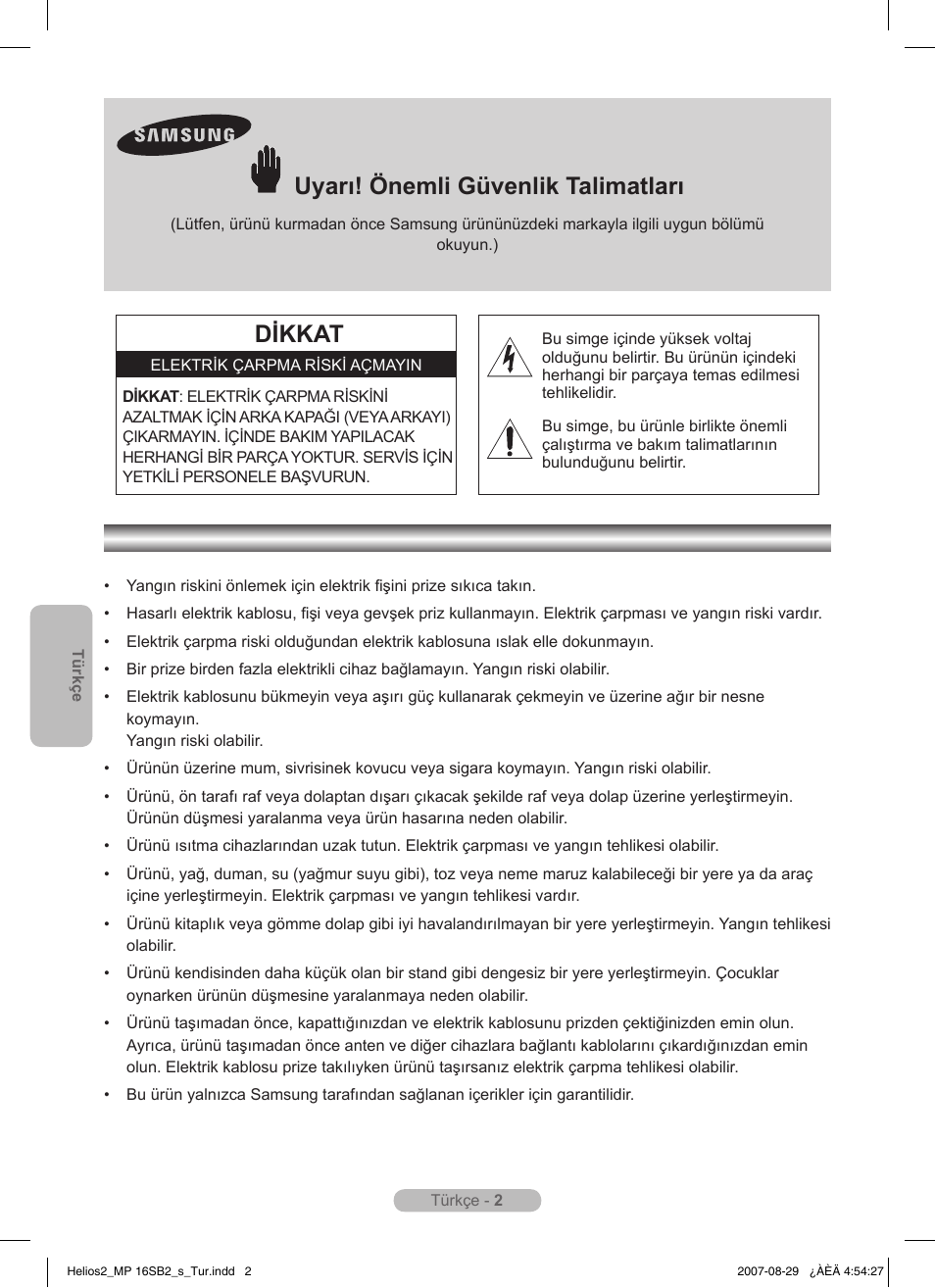 Türkçe, Uyarı! önemli güvenlik talimatları, Dikkat | Samsung MR-16SB2 User Manual | Page 104 / 151