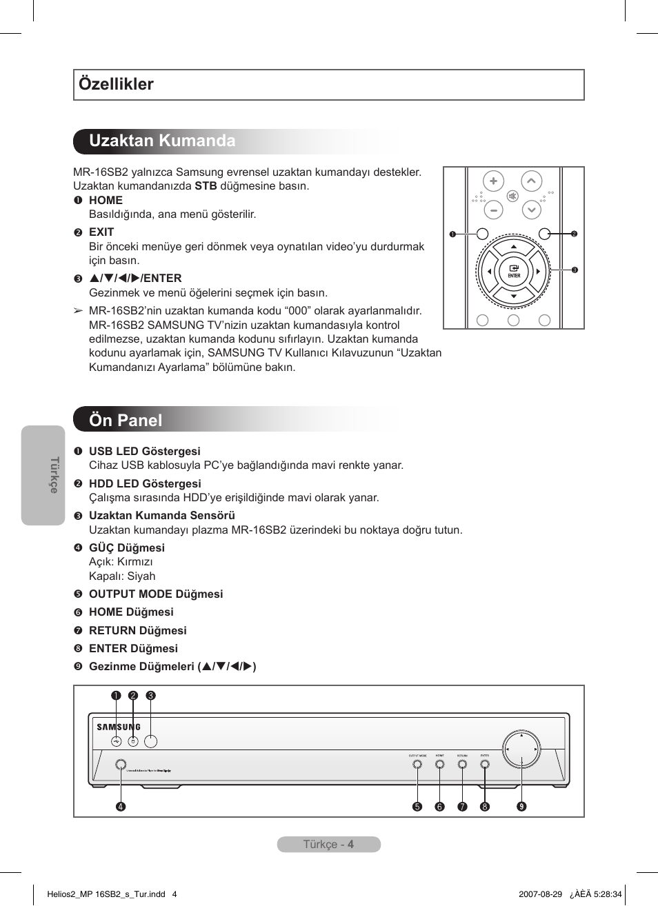Özellikler uzaktan kumanda, Ön panel | Samsung MR-16SB2 User Manual | Page 106 / 151
