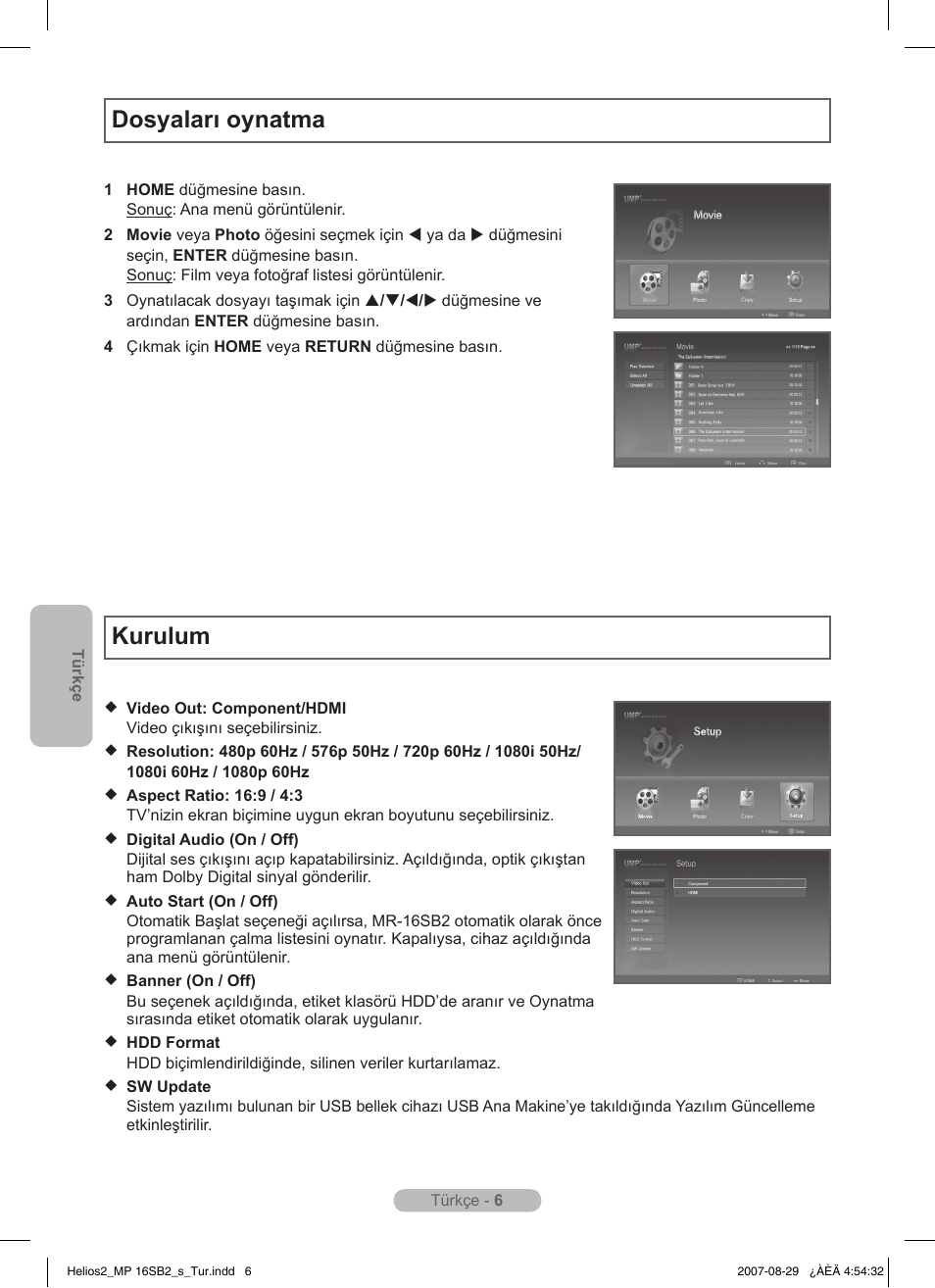 Dosyaları oynatma, Kurulum | Samsung MR-16SB2 User Manual | Page 108 / 151