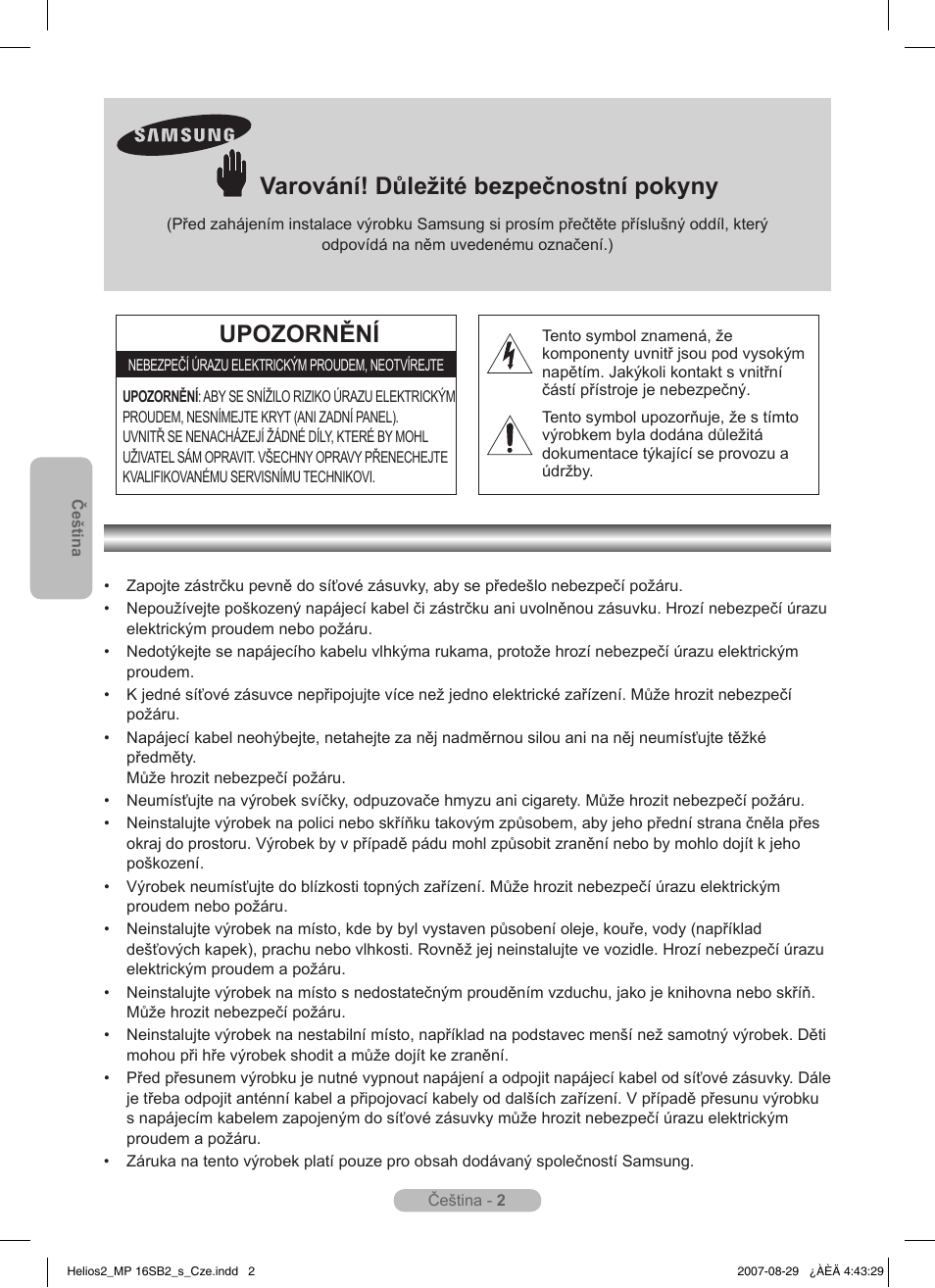 Čeština, Varování! důležité bezpečnostní pokyny, Upozornění | Samsung MR-16SB2 User Manual | Page 14 / 151