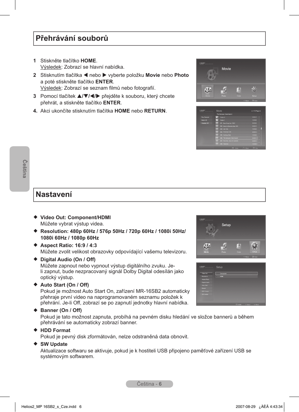 Přehrávání souborů, Nastavení | Samsung MR-16SB2 User Manual | Page 18 / 151