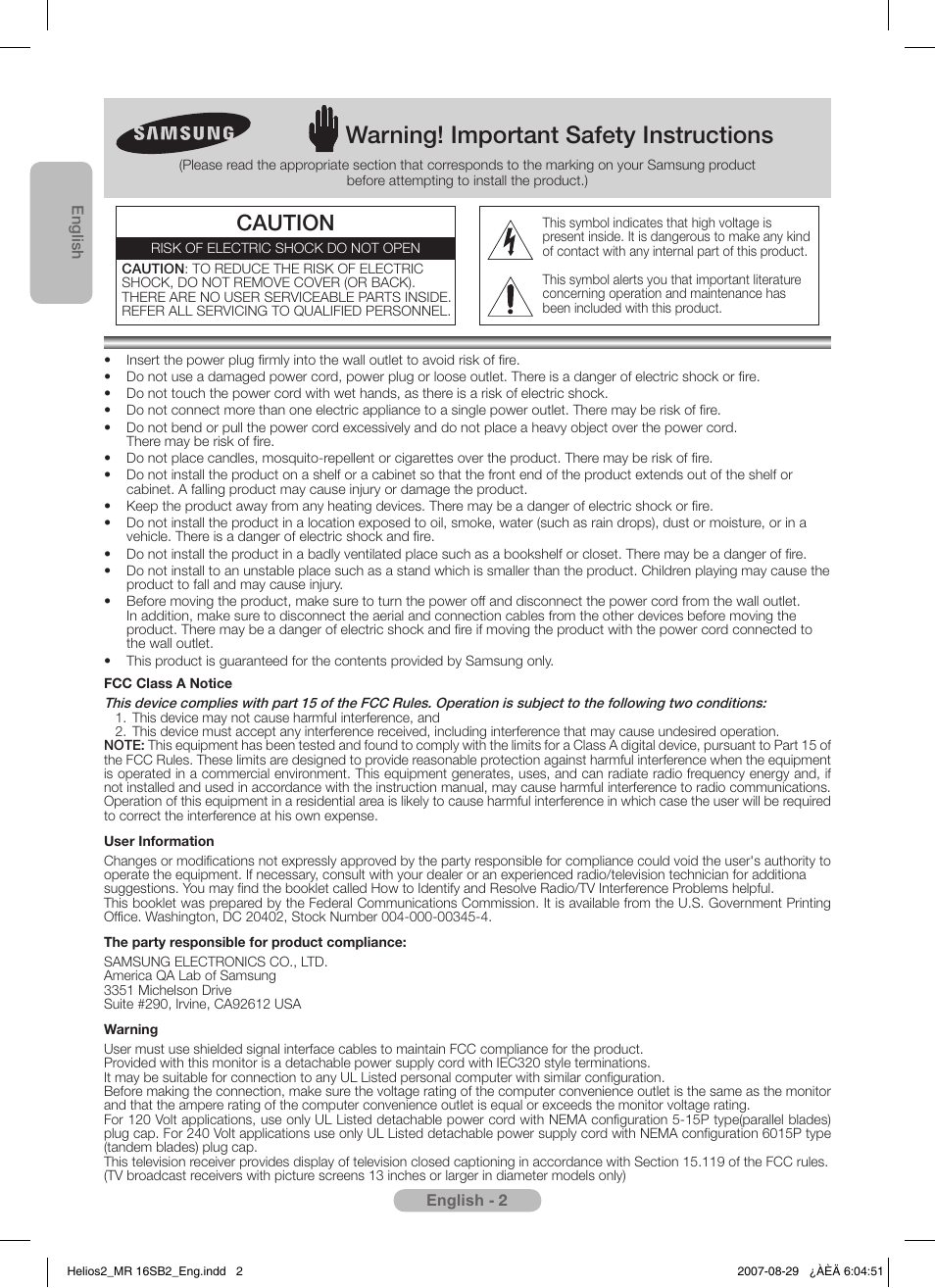 English, Warning! important safety instructions, Caution | Samsung MR-16SB2 User Manual | Page 2 / 151