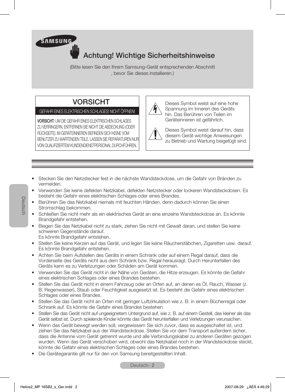 Deutsch, Achtung! wichtige sicherheitshinweise, Vorsicht | Samsung MR-16SB2 User Manual | Page 20 / 151