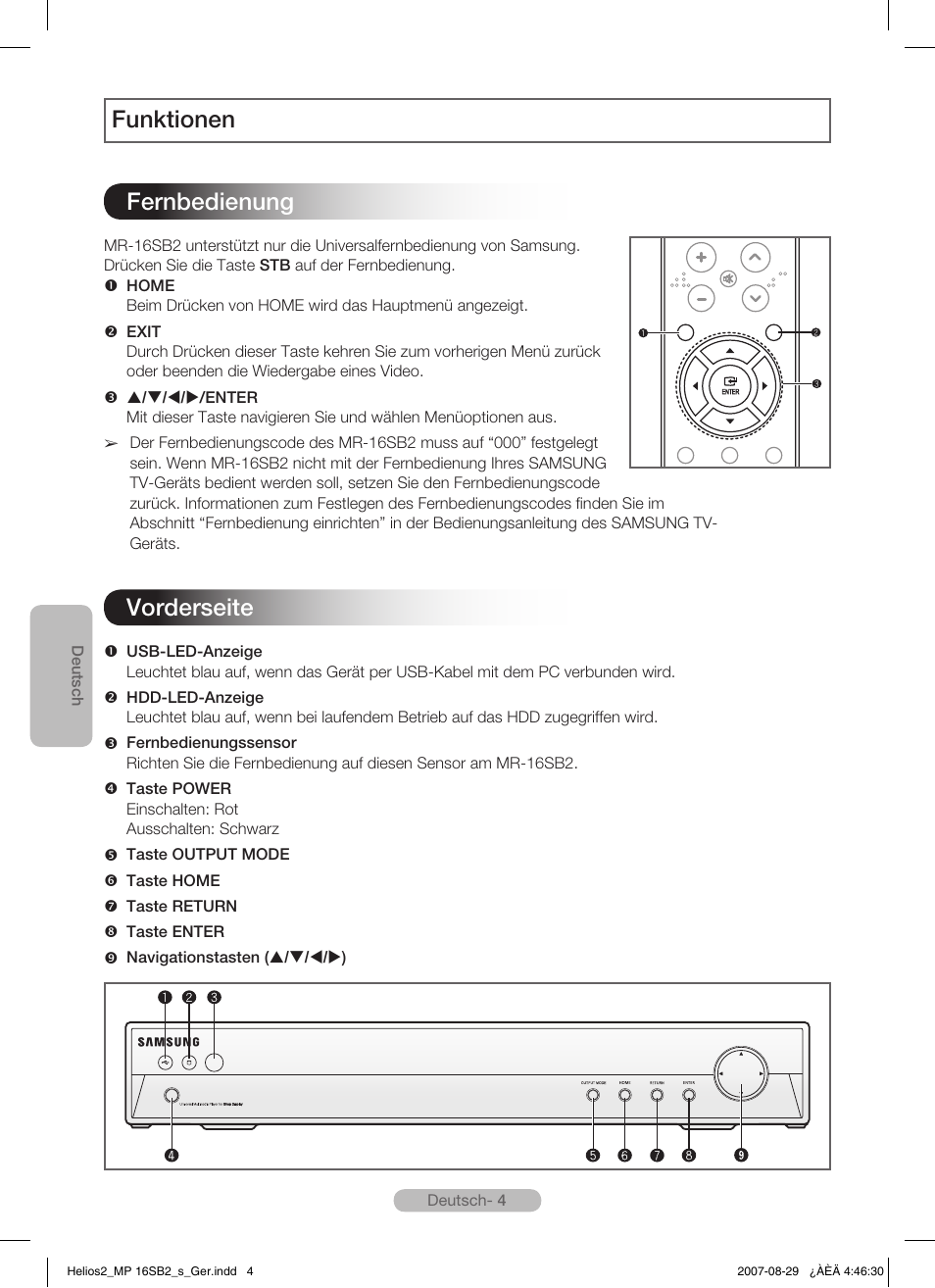 Funktionen fernbedienung, Vorderseite | Samsung MR-16SB2 User Manual | Page 22 / 151
