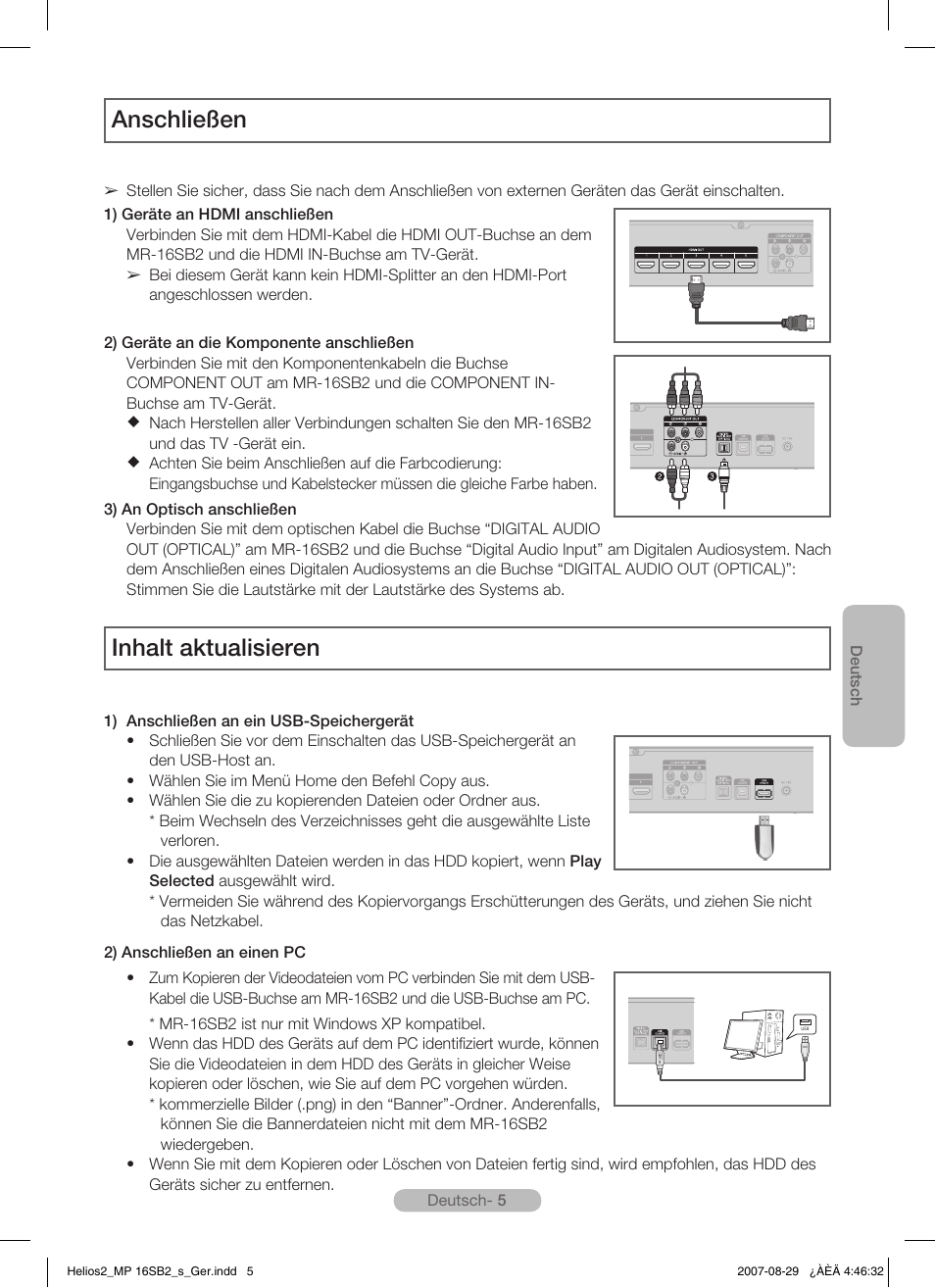 Anschließen, Inhalt aktualisieren | Samsung MR-16SB2 User Manual | Page 23 / 151