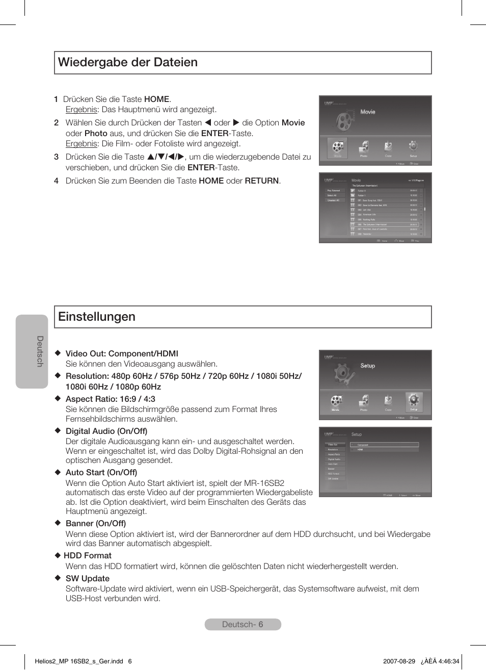 Wiedergabe der dateien, Einstellungen | Samsung MR-16SB2 User Manual | Page 24 / 151
