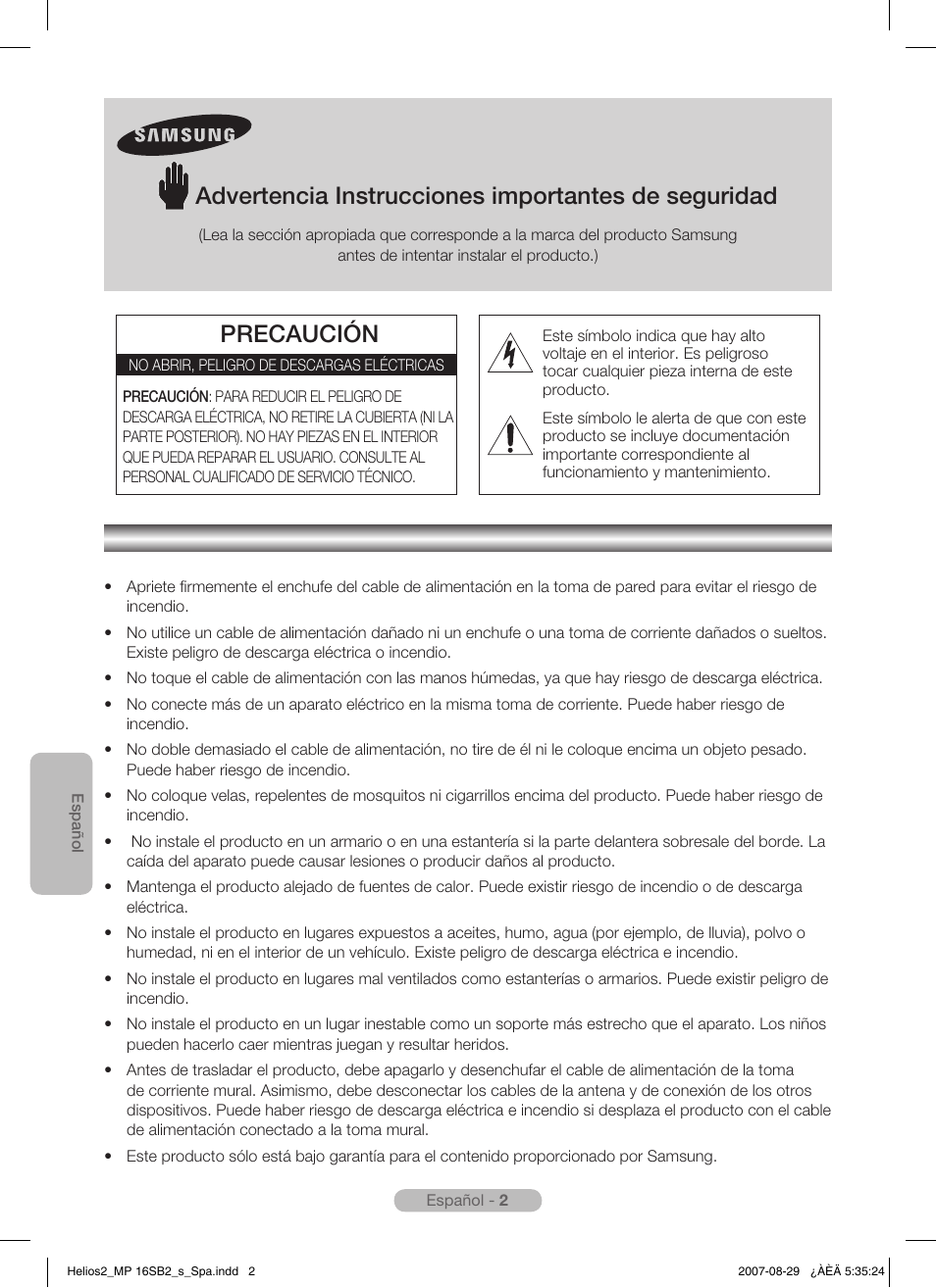 Español, Advertencia instrucciones importantes de seguridad, Precaución | Samsung MR-16SB2 User Manual | Page 26 / 151