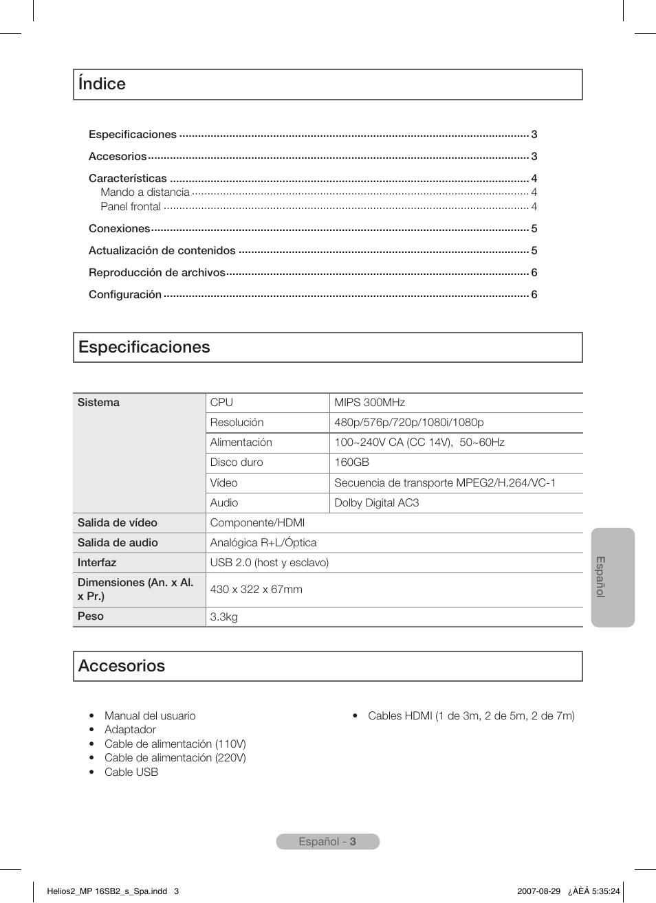 Índice especificaciones, Accesorios | Samsung MR-16SB2 User Manual | Page 27 / 151