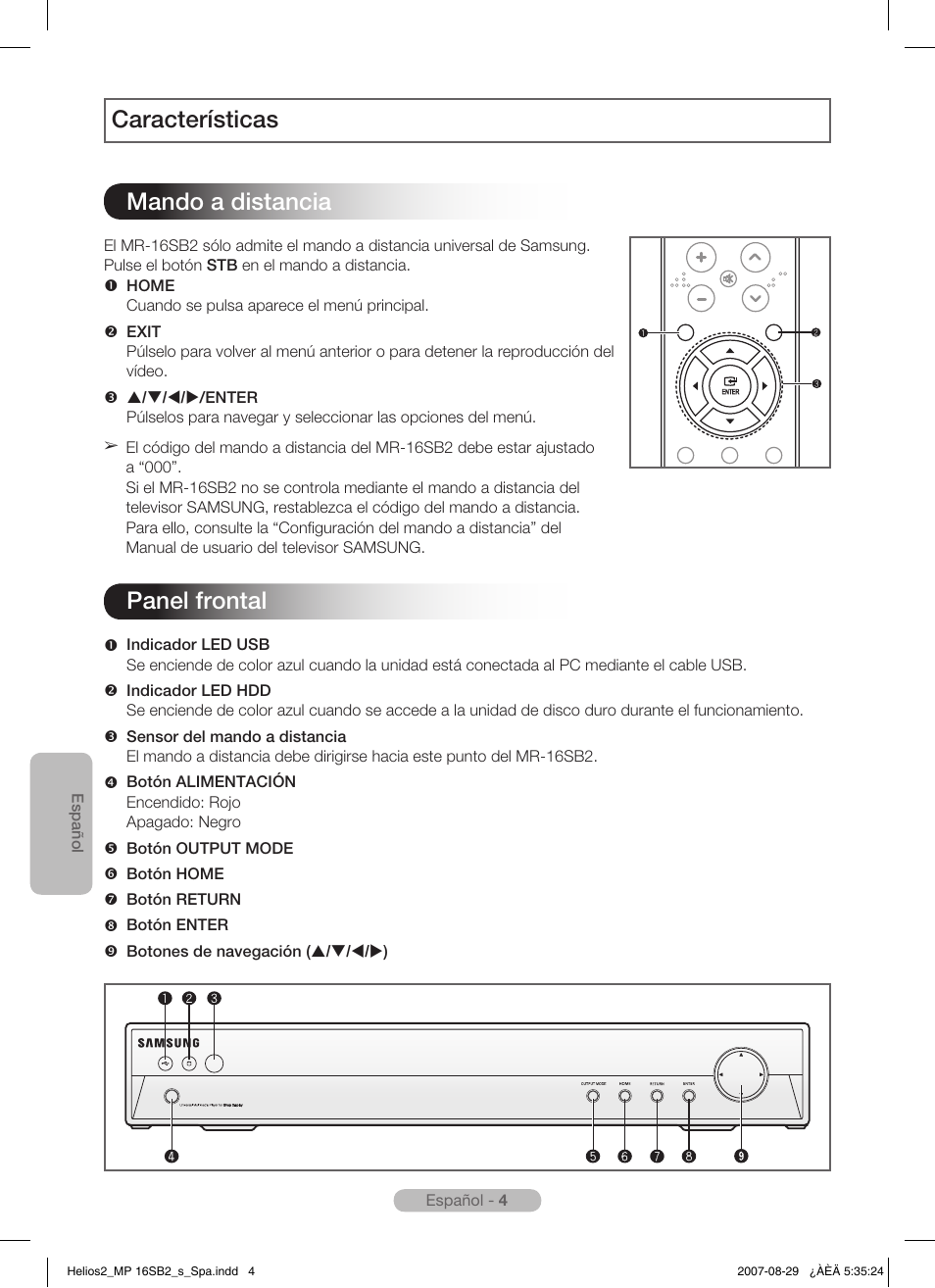 Características mando a distancia, Panel frontal | Samsung MR-16SB2 User Manual | Page 28 / 151
