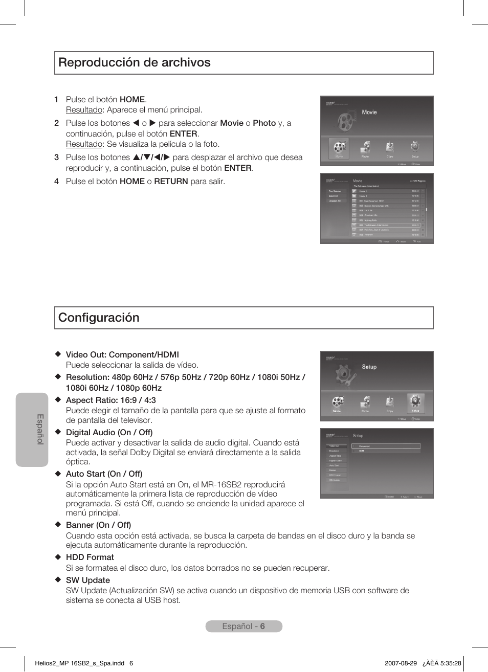 Reproducción de archivos, Configuración | Samsung MR-16SB2 User Manual | Page 30 / 151