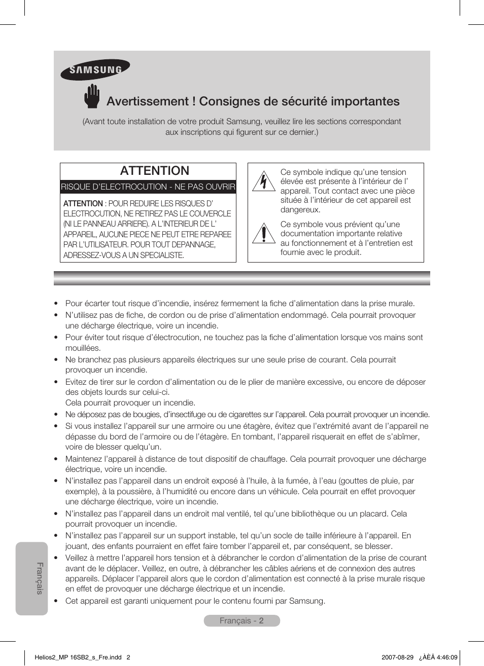 Français, Avertissement ! consignes de sécurité importantes, Attention | Samsung MR-16SB2 User Manual | Page 38 / 151