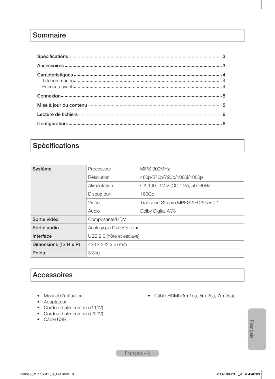 Sommaire spécifications, Accessoires | Samsung MR-16SB2 User Manual | Page 39 / 151