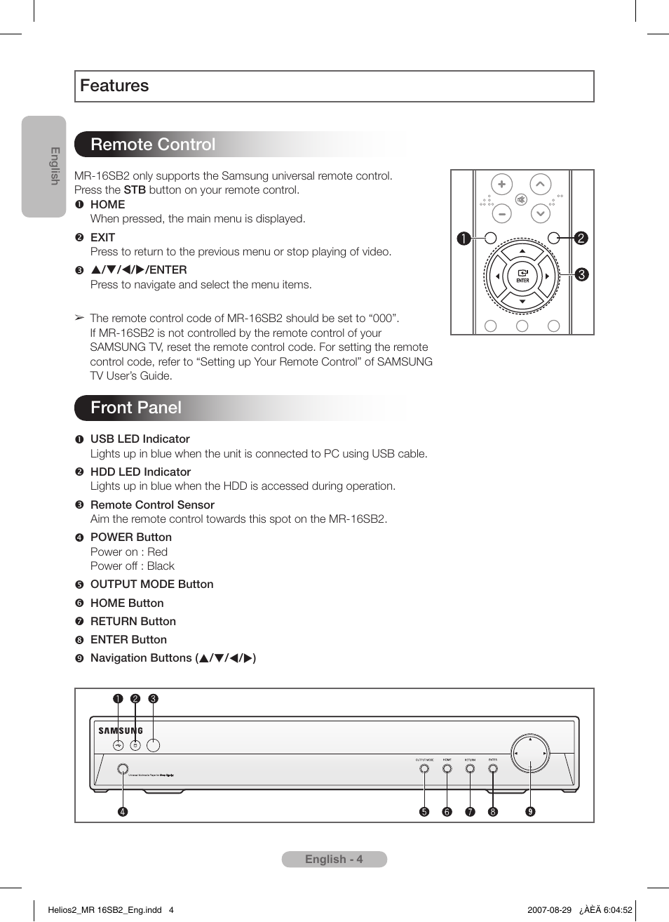 Features remote control, Front panel | Samsung MR-16SB2 User Manual | Page 4 / 151