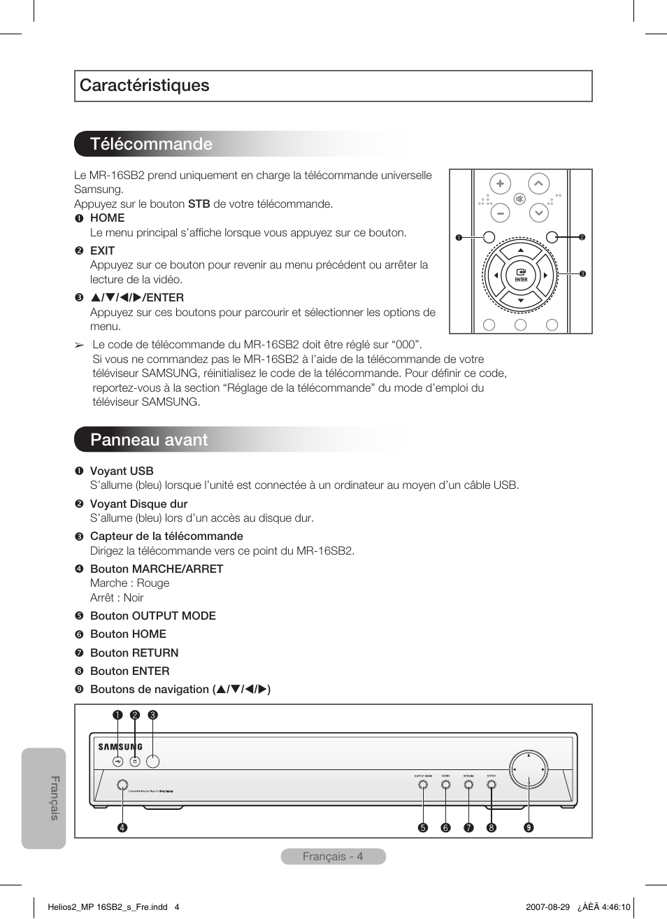 Caractéristiques télécommande, Panneau avant | Samsung MR-16SB2 User Manual | Page 40 / 151