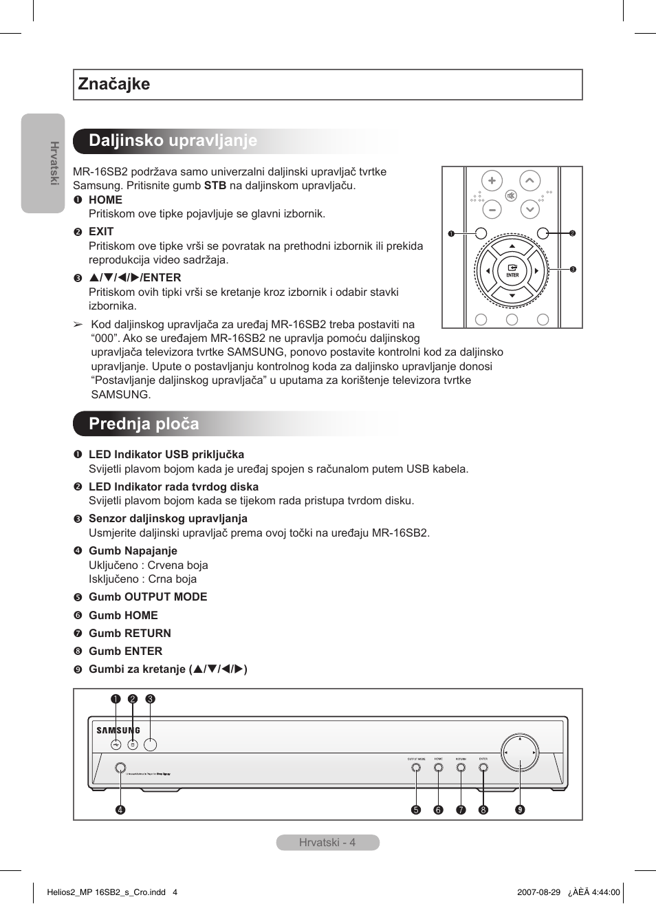 Značajke daljinsko upravljanje, Prednja ploča | Samsung MR-16SB2 User Manual | Page 46 / 151
