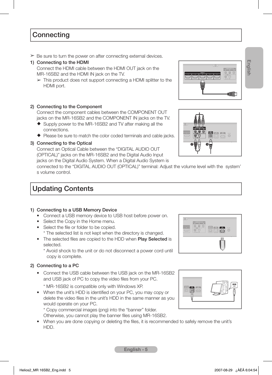 Connecting, Updating contents | Samsung MR-16SB2 User Manual | Page 5 / 151