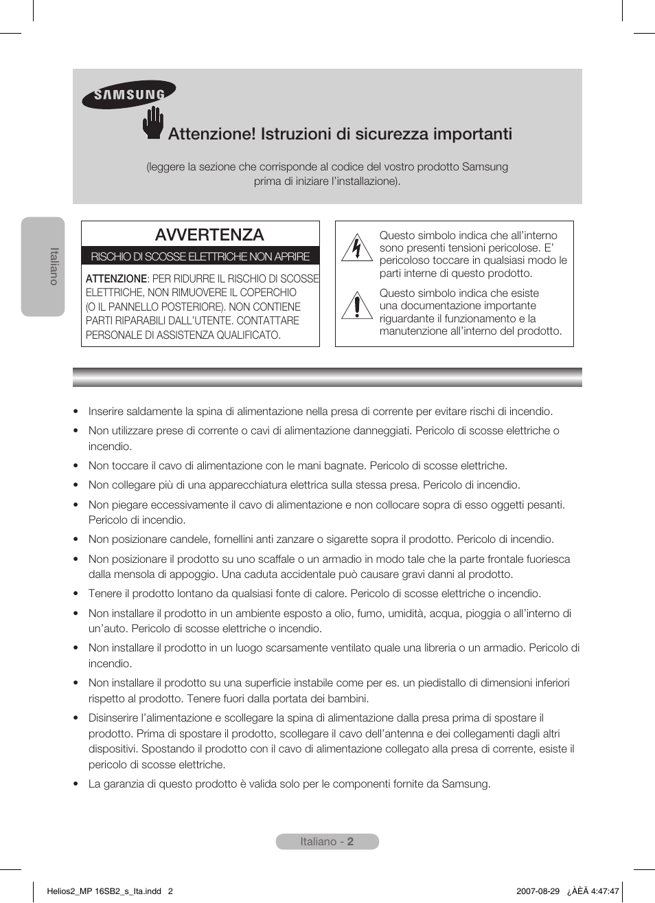 Italiano, Attenzione! istruzioni di sicurezza importanti, Avvertenza | Samsung MR-16SB2 User Manual | Page 50 / 151