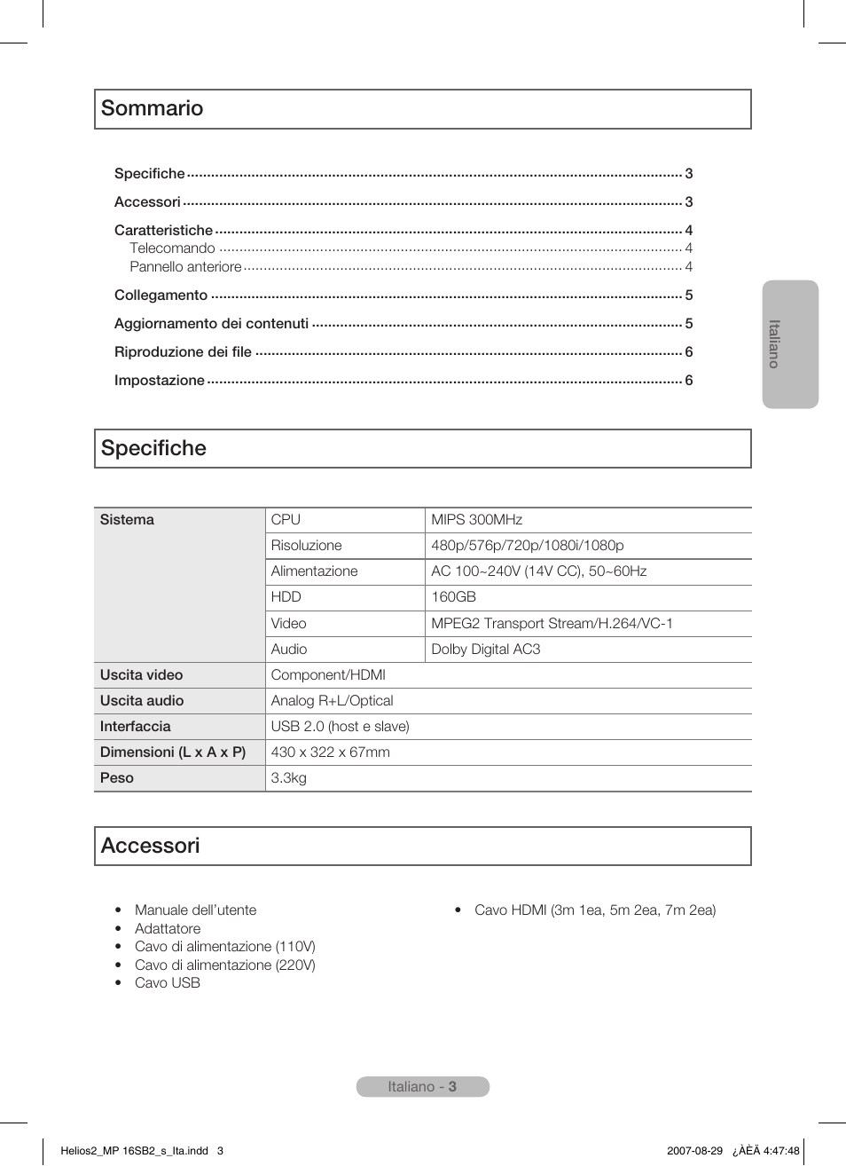 Sommario specifiche, Accessori | Samsung MR-16SB2 User Manual | Page 51 / 151