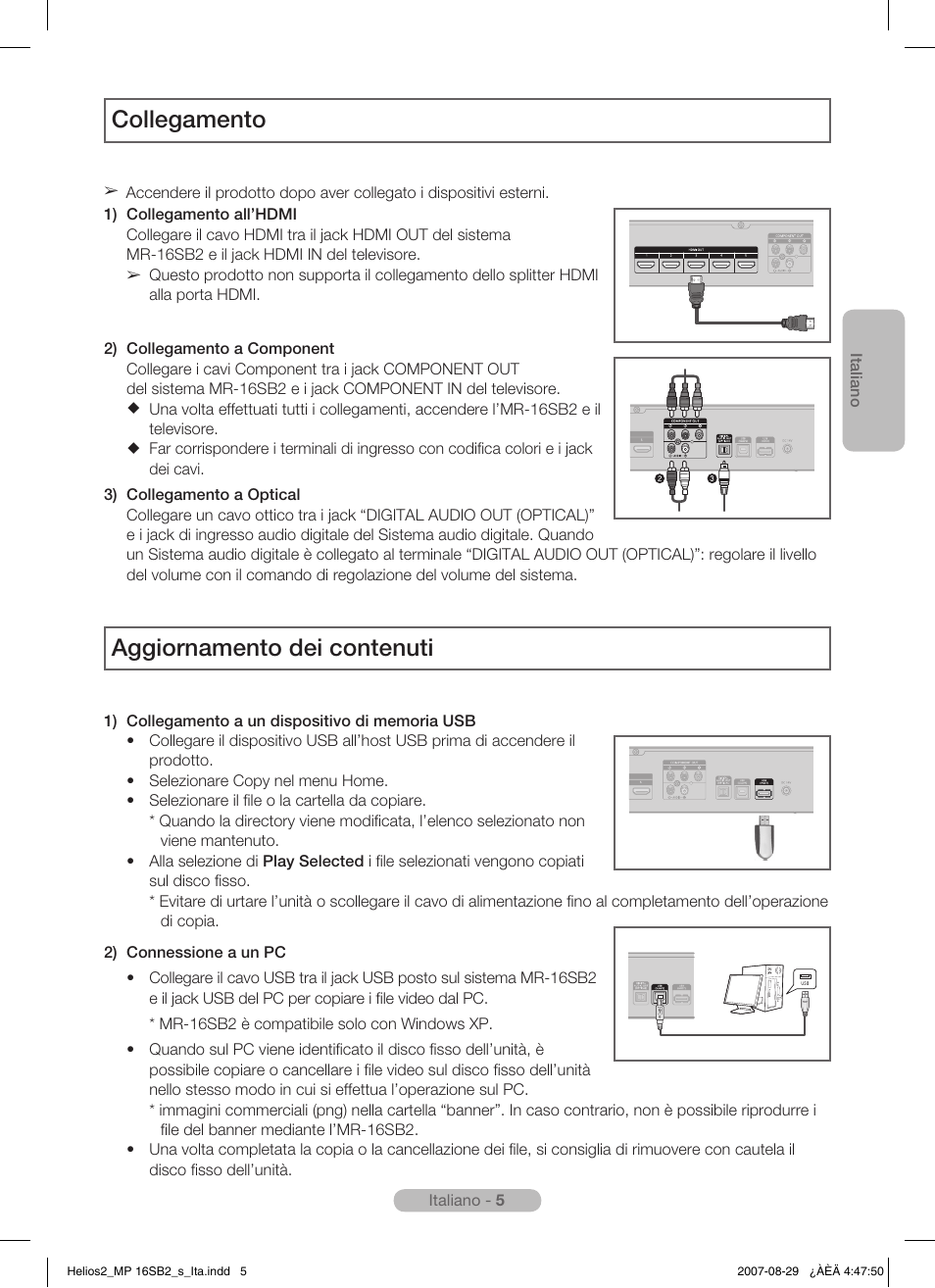 Collegamento, Aggiornamento dei contenuti | Samsung MR-16SB2 User Manual | Page 53 / 151