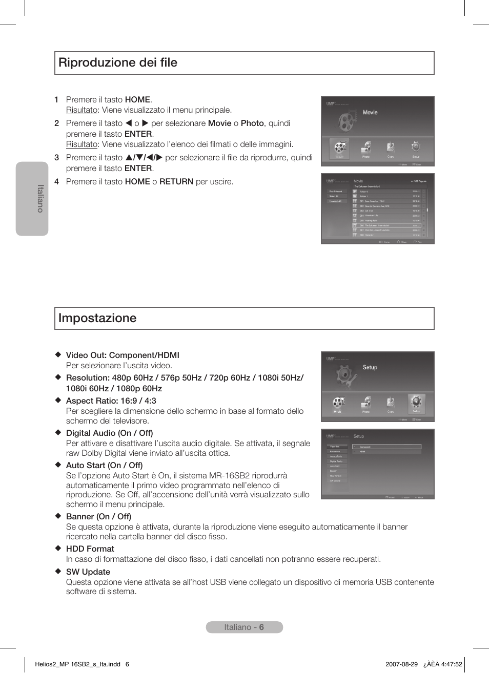 Riproduzione dei file, Impostazione | Samsung MR-16SB2 User Manual | Page 54 / 151