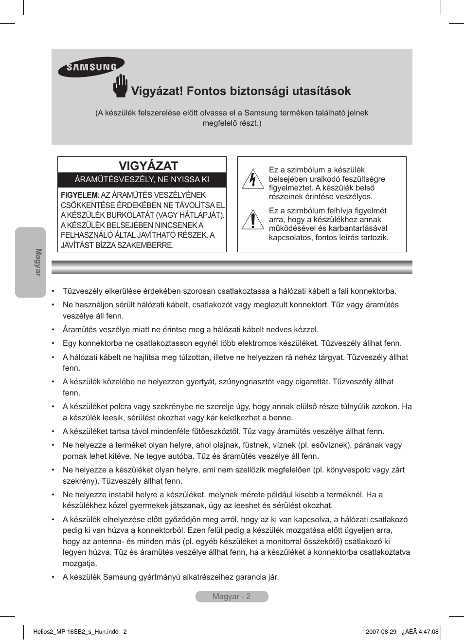 Magyar, Vigyázat! fontos biztonsági utasítások, Vigyázat | Samsung MR-16SB2 User Manual | Page 56 / 151