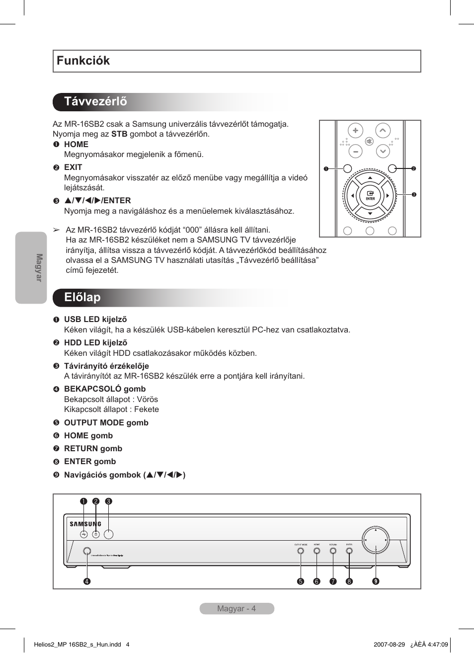 Funkciók távvezérlő, Előlap | Samsung MR-16SB2 User Manual | Page 58 / 151