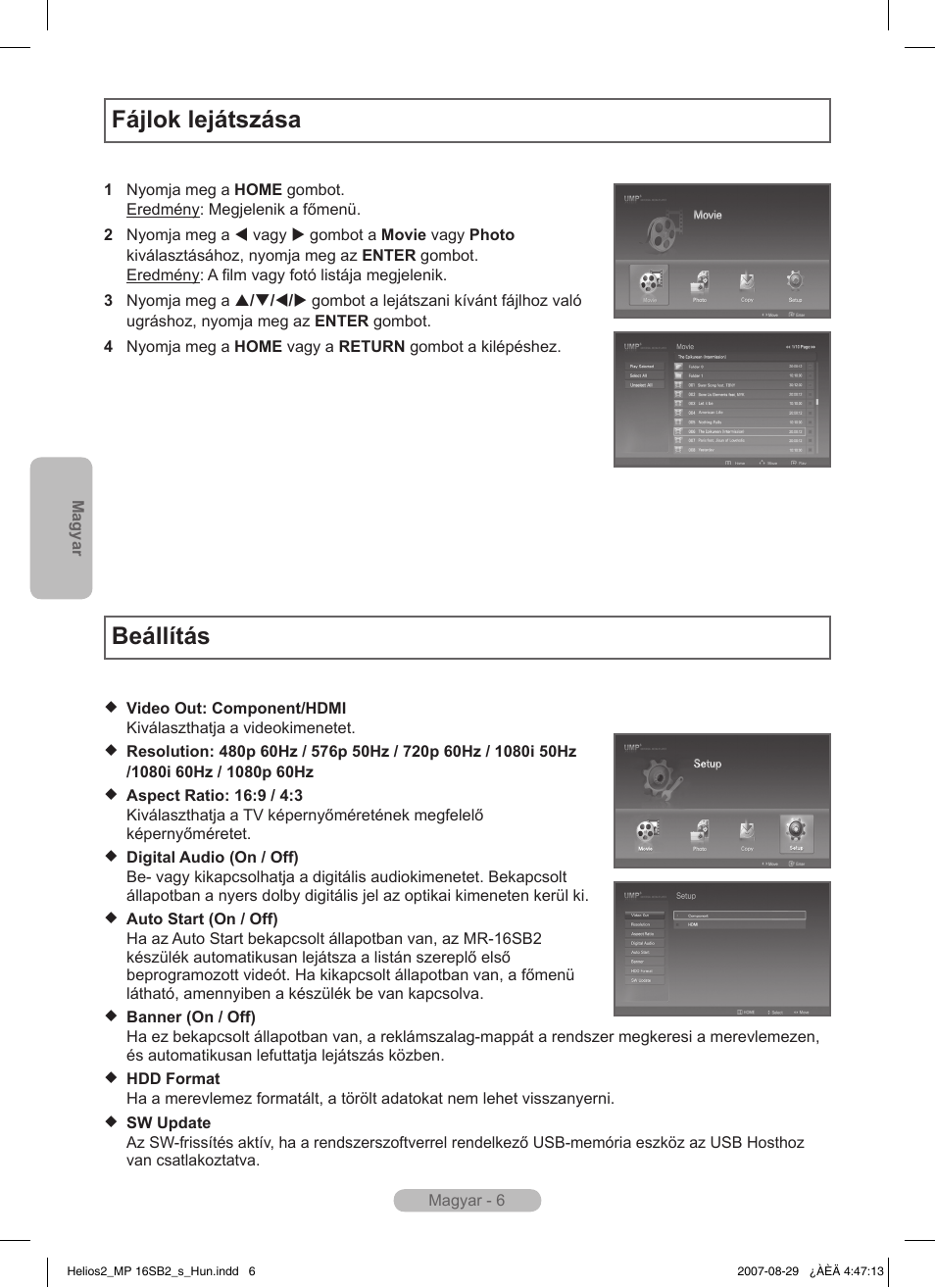 Fájlok lejátszása, Beállítás | Samsung MR-16SB2 User Manual | Page 60 / 151