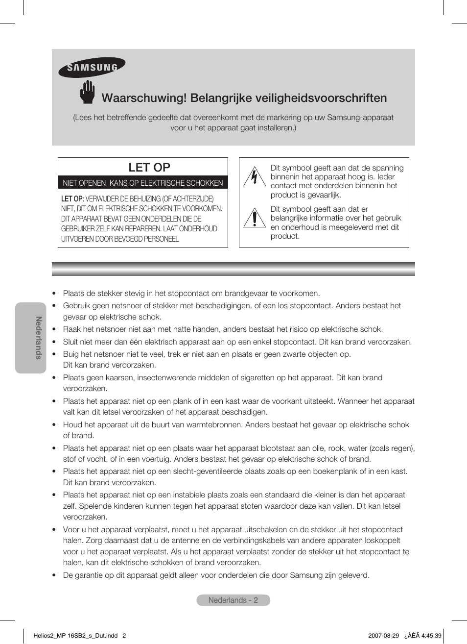 Nederlands, Waarschuwing! belangrijke veiligheidsvoorschriften, Let op | Samsung MR-16SB2 User Manual | Page 62 / 151