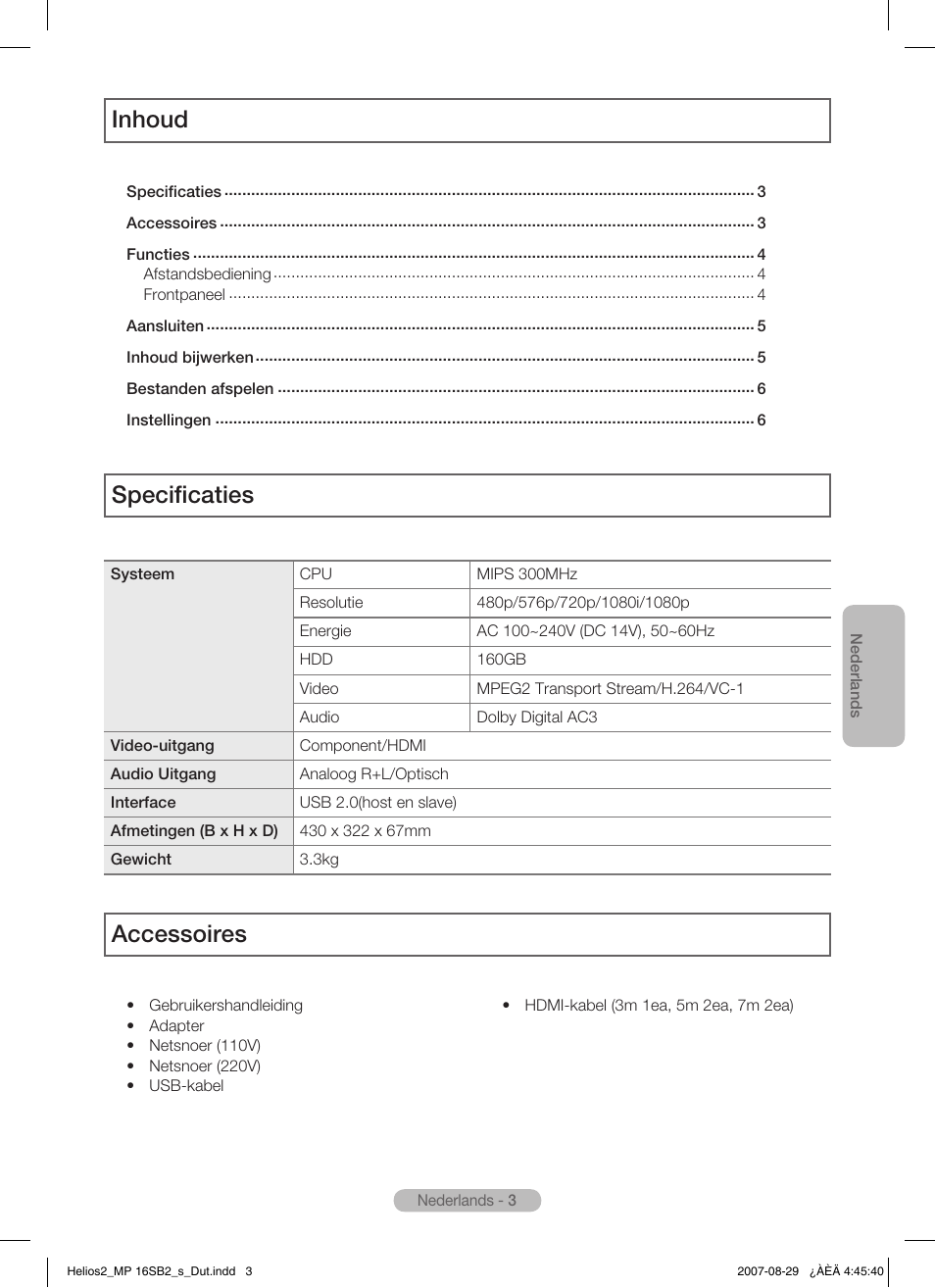 Inhoud specificaties, Accessoires | Samsung MR-16SB2 User Manual | Page 63 / 151