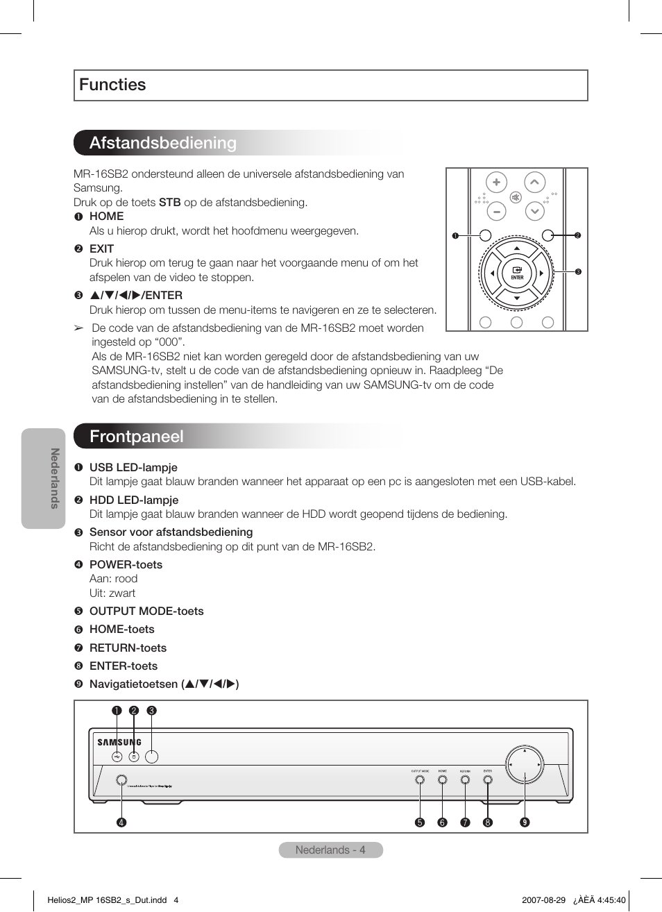 Functies afstandsbediening, Frontpaneel | Samsung MR-16SB2 User Manual | Page 64 / 151