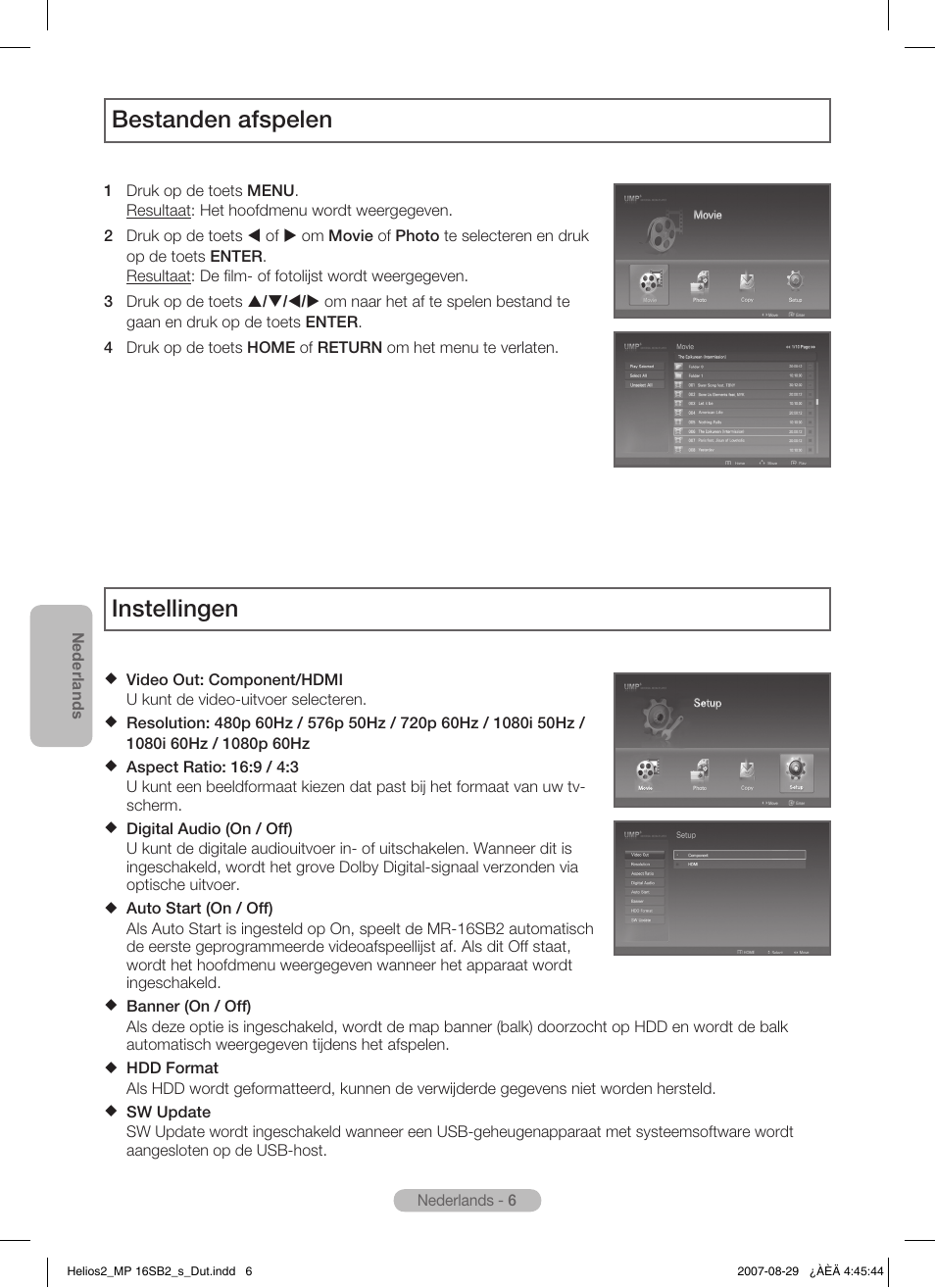 Bestanden afspelen, Instellingen | Samsung MR-16SB2 User Manual | Page 66 / 151