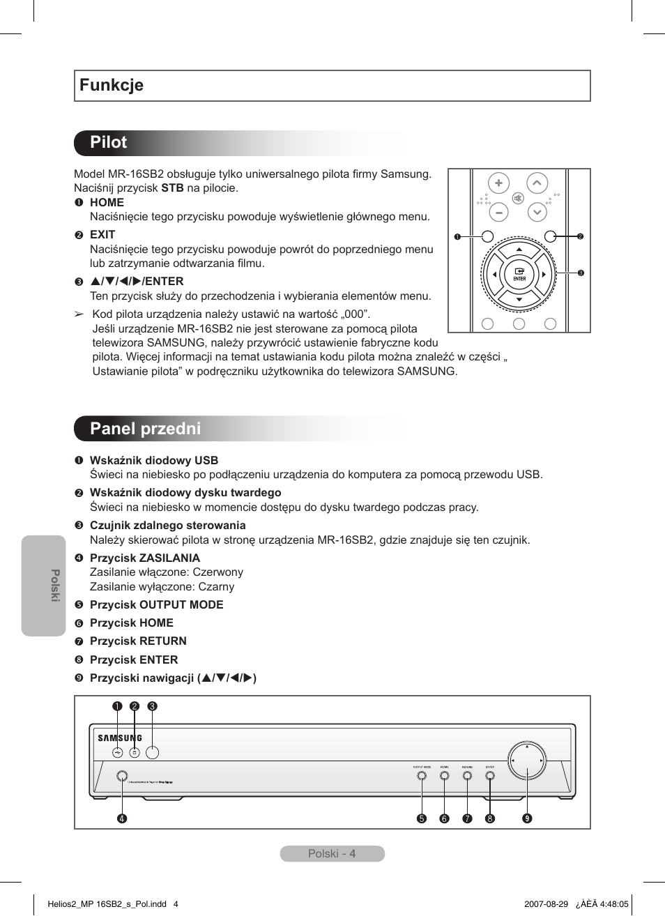 Funkcje pilot, Panel przedni | Samsung MR-16SB2 User Manual | Page 70 / 151